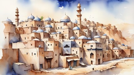 Obraz premium A Watercolor of old Islamic town with traditional houses.