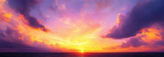 Vibrant sunset over calm ocean horizon with dramatic purple and orange clouds and birds flying peacefully in colorful sky