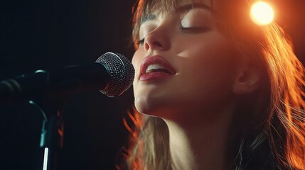 close-up of a young woman singing passionately into a microphone with eyes closed and warm stage lighting behind her