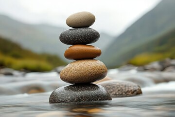 Stack of five smooth, multicolored stones balanced in flowing river water with blurred green hills and mountains in background creating a peaceful and calm scene