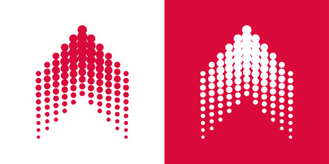 Abstract arrow peak logo made of connected dots increasing in size. Minimal design symbolizing growth and progress.