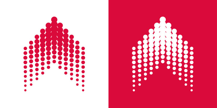 Abstract arrow peak logo made of connected dots increasing in size. Minimal design symbolizing growth and progress.