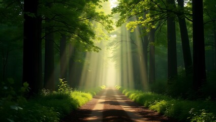 Obraz premium Forest Path in Sunlight: A sun-dappled path winds invitingly through a lush, verdant forest, creating a sense of wonder and tranquility. Rays of sunlight pierce the canopy.