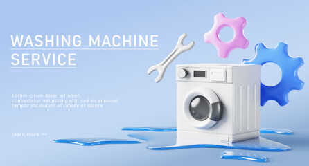 3d washing machine repair service banner. Broken washer with water leak, liquid puddle on floor, wrench and gears on blue background. Damaged laundry equipment, home appliances repair. 3D illustration