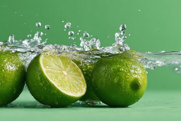 Fresh green limes splashing into clear water on a vibrant green background