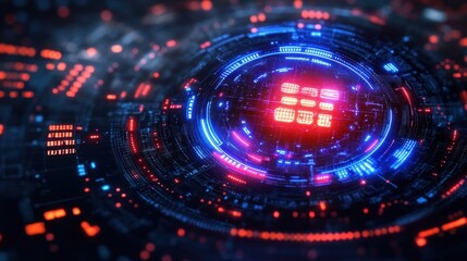 Fototapeta premium Glowing futuristic digital interface with concentric circular patterns of blue and red light representing advanced technology and data flow