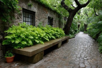 Fototapeta premium Cobblestone pathway lined with lush greenery in a tranquil garden setting