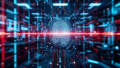 Fototapeta premium Cybernetic Fingerprint: Digital Identity Grid with Red Laser Focus.
