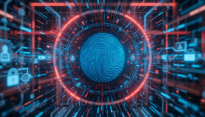 Obraz premium Biometric Data Core: Digital Fingerprint in a Cybernetic Network.