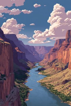 A stunning vector illustration showcases the Grand Canyon's majestic cliffs and meandering river. The artwork highlights colorful rock formations and a bright, cloud-filled sky above