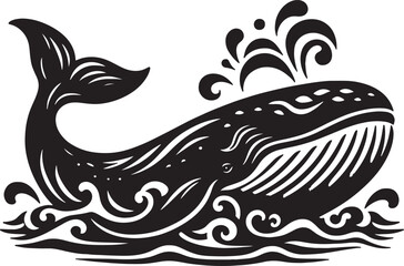 Fototapeta premium Black and white illustration of a whale swimming in the ocean with water splashing