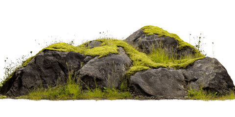 Mossy Rock Formation with Grassy Base, Isolated, Cut Out Transparent
