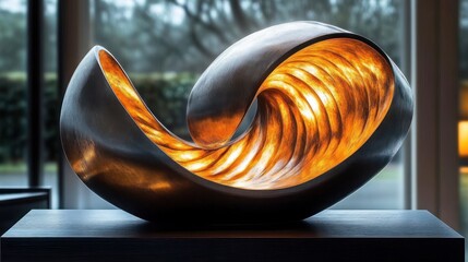 Smooth abstract modern sculpture with glowing golden interior curves displayed indoors with a blurred window background