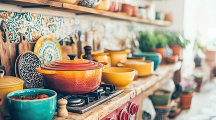 A kitchen counter with a red and orange pot, yellow bowls, and various other kitchen items.