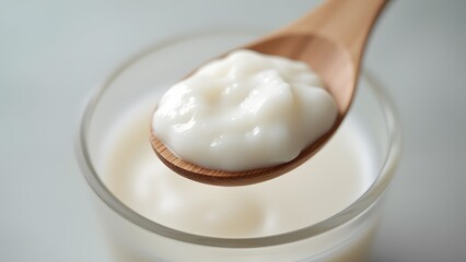 Close-up Creamy Yogurt in Wooden Spoon and Glass Bowl