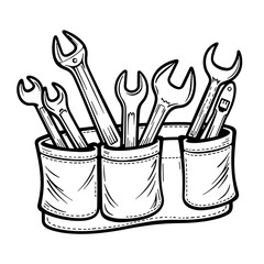 Detailed line art of tool belt filled with hand tools, craftsmanship