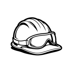 Fototapeta premium Detailed line art of hard hat and goggles on white background, safety