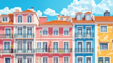 Obraz premium Vibrant and cheerful facades of residential buildings with colorful walls
