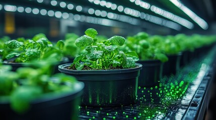 Indoor vertical farming with rows of hydroponic green lettuce plants