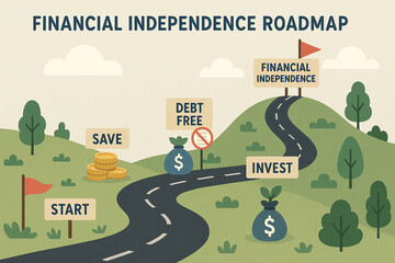 A visually engaging financial independence roadmap illustrating key milestones like saving, investing, and becoming debt-free. Perfect for resources on financial planning.