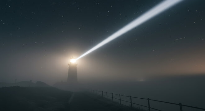 Lighthouse beam cuts through foggy night sky a beacon of hope and guidance under starry expanse