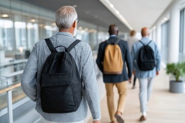People walking in a modern office corridor with backpacks during a business meeting in the afternoon