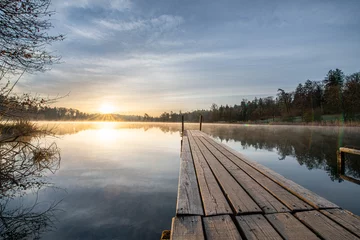 Fleecedeken met foto Bos rivier sunset on the lake  © Through_a_nikon