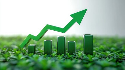 Green 3D bar chart with upward arrow rising above small plants symbolizing growth and environmental progress