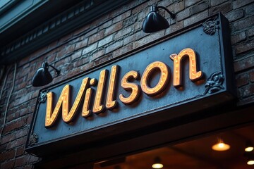 Obraz premium Illuminated vintage-style signboard with warm orange lights reading a name mounted on a rustic brick wall under metal lamps