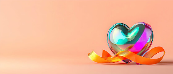 Colorful Iridescent Heart With Ribbon On Pastel Background