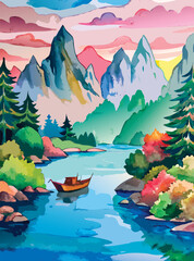 Watercolor painting of a serene lake with mountains, forest, and boat. Scenic landscape with sea, rocks, and calm water. Perfect concept for decoration, prints, and nature themes
