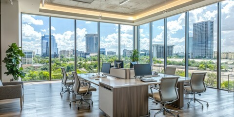 Fototapeta premium Real-estate office with open desks, city views, and a glass-walled sales strategy room