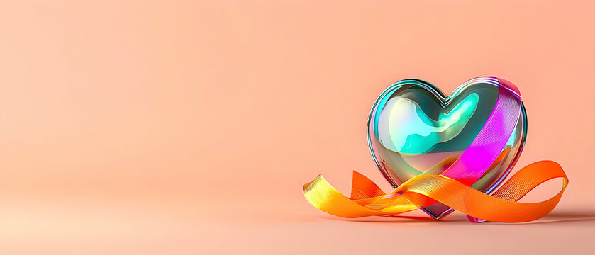Colorful Iridescent Heart With Ribbon On Pastel Background
