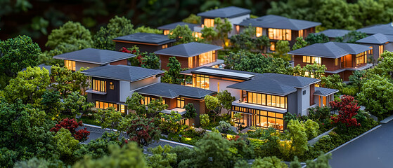 Obraz premium Illuminated Model Homes In Residential Community Design
