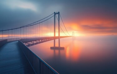 Long suspension bridge shrouded in mist during a vibrant sunrise, reflecting warm orange and pink hues on calm water, evoking peaceful and serene emotions