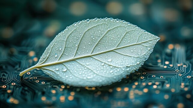 Leaf on circuit board, nature and technology