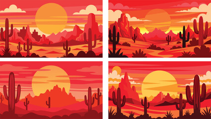 Mountains landscape in warm red tones with cacti and sunset sky. Bright peaceful cartoon nature scenery perfect for prints, cards, and decoration. Vibrant desert sunset background
