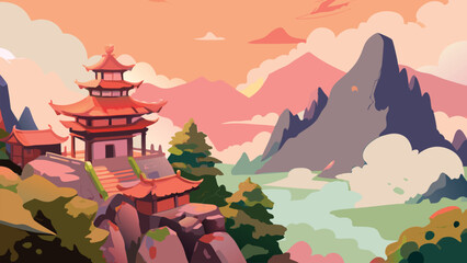 Painting of a Japanese wild mountain landscape with traditional castle. Scenic nature view featuring historic architecture, lush greenery, and cultural heritage in artistic brushstroke style
