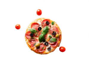 Overhead View of Mini Pepperoni Pizza with Olives and Basil, PNG