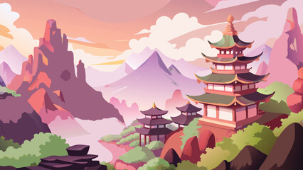 Painting of a Japanese wild mountain landscape with traditional castle. Scenic nature view featuring historic architecture, lush greenery, and cultural heritage in artistic brushstroke style