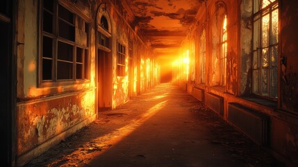 Sunset illuminates decaying building hallway; eerie atmosphere, urban exploration, film backdrop