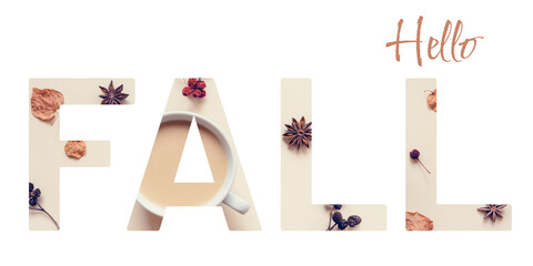 Fall concept banner with creative text cutout effect and dried leaves elements