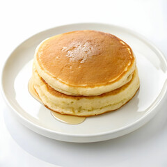A fluffy pancake is neatly placed on a white plate, isolated to emphasize its light texture, golden-brown color, and perfect shape, making it an appealing breakfast or dessert option.