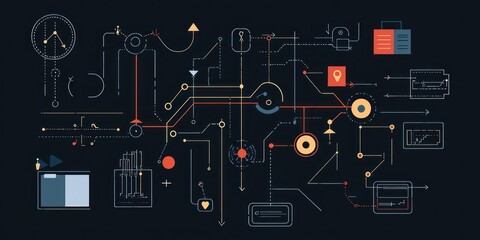 Set of vector illustrations depicting project development, from brainstorming to execution, with flow charts and arrows.
