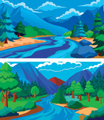 Flat landscape with winding river, green trees, and distant mountain range. Peaceful nature scene perfect for outdoor, travel, and environmental themes. Vector illustration for backgrounds and design
