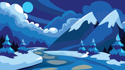 Flat landscape with winding river, green trees, and distant mountain range. Peaceful nature scene perfect for outdoor, travel, and environmental themes. Vector illustration for backgrounds and design