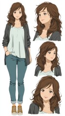 Obraz premium Aira displays a cheerful expression, showcasing her wavy long hair. She wears a casual outfit with a cardigan and jeans, standing confidently with her hands in her pockets
