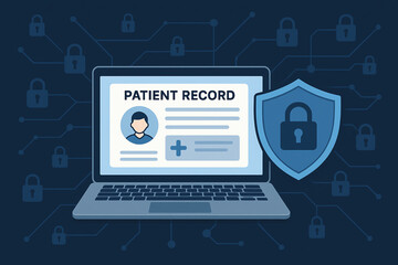 A digital representation of a patient record displayed on a laptop screen, emphasizing security and privacy with a padlock symbol to highlight data protection in healthcare.