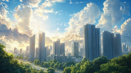 Serene metropolis view of urban buildings and nature under a bright sky