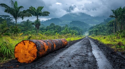 Rainforest road with felled log